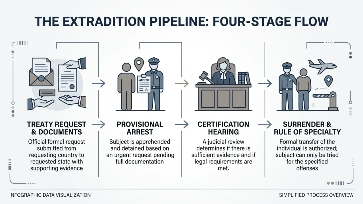 Infographic of the four-stage extradition request pipeline