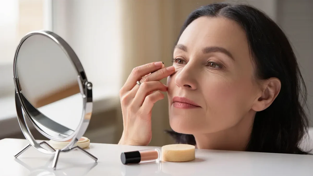 Woman pressing concealer under her eye with her ring finger in morning light