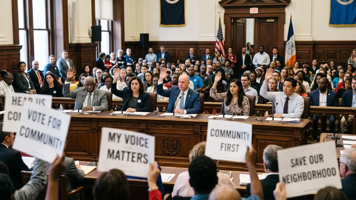 City council members voting during a crowded public hearing