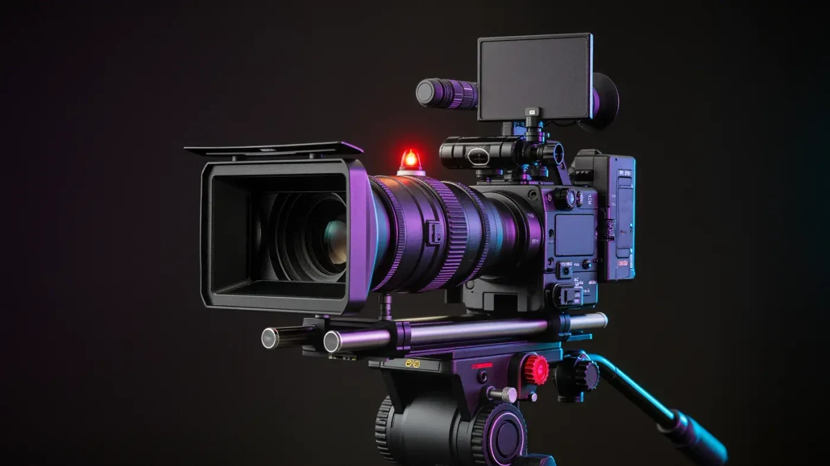 Professional broadcast camera rig lit inside an empty esports studio