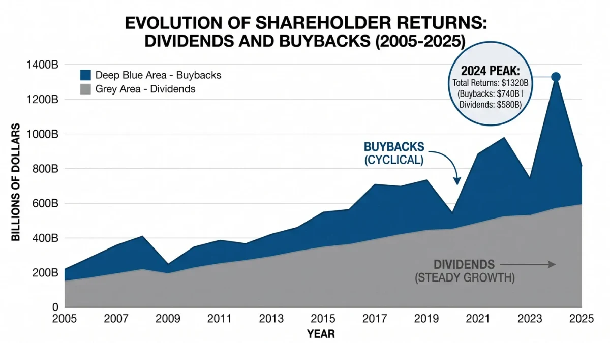 Stacked area chart of buybacks versus dividends over two decades
