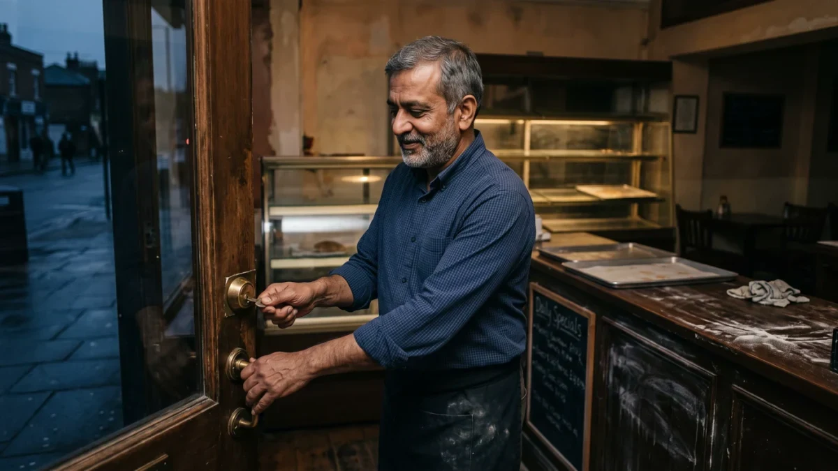 Owner closing bakery early, dim quiet interior