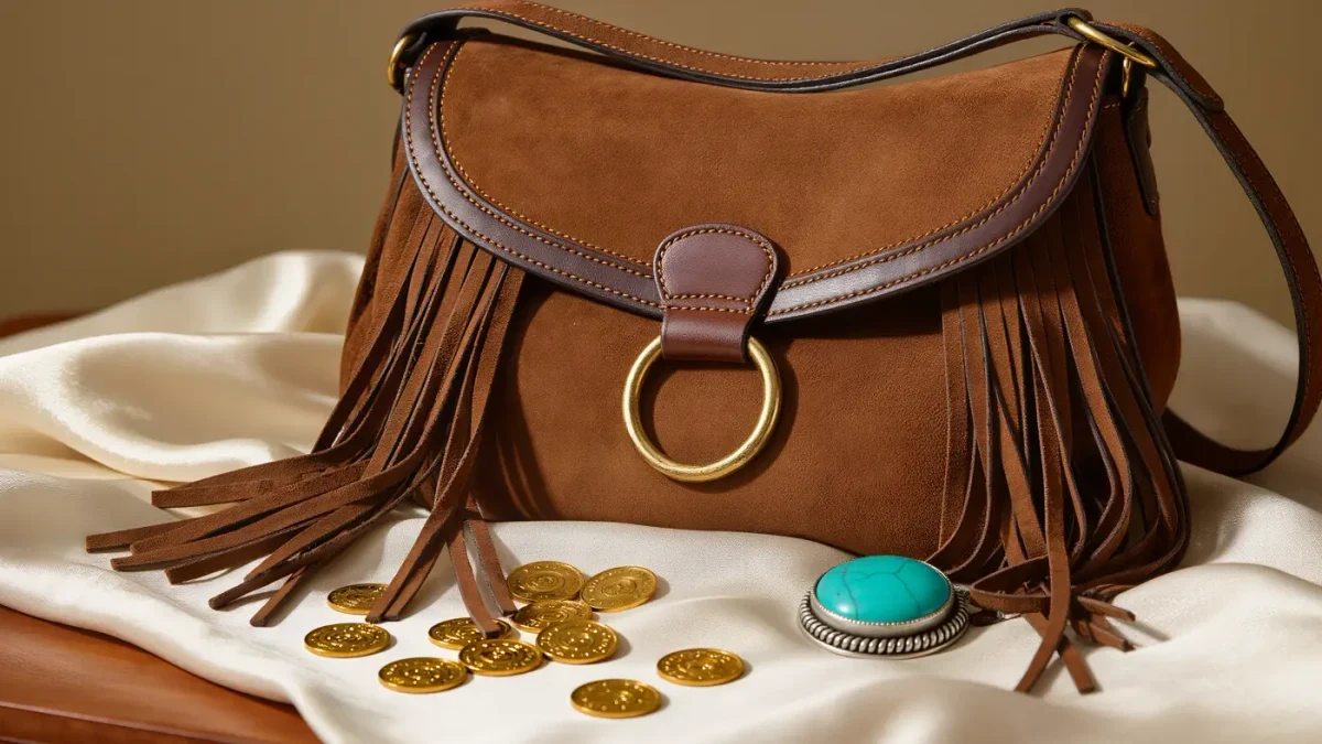 Macro of cognac suede fringe and worn gold hardware on a vintage boho bag