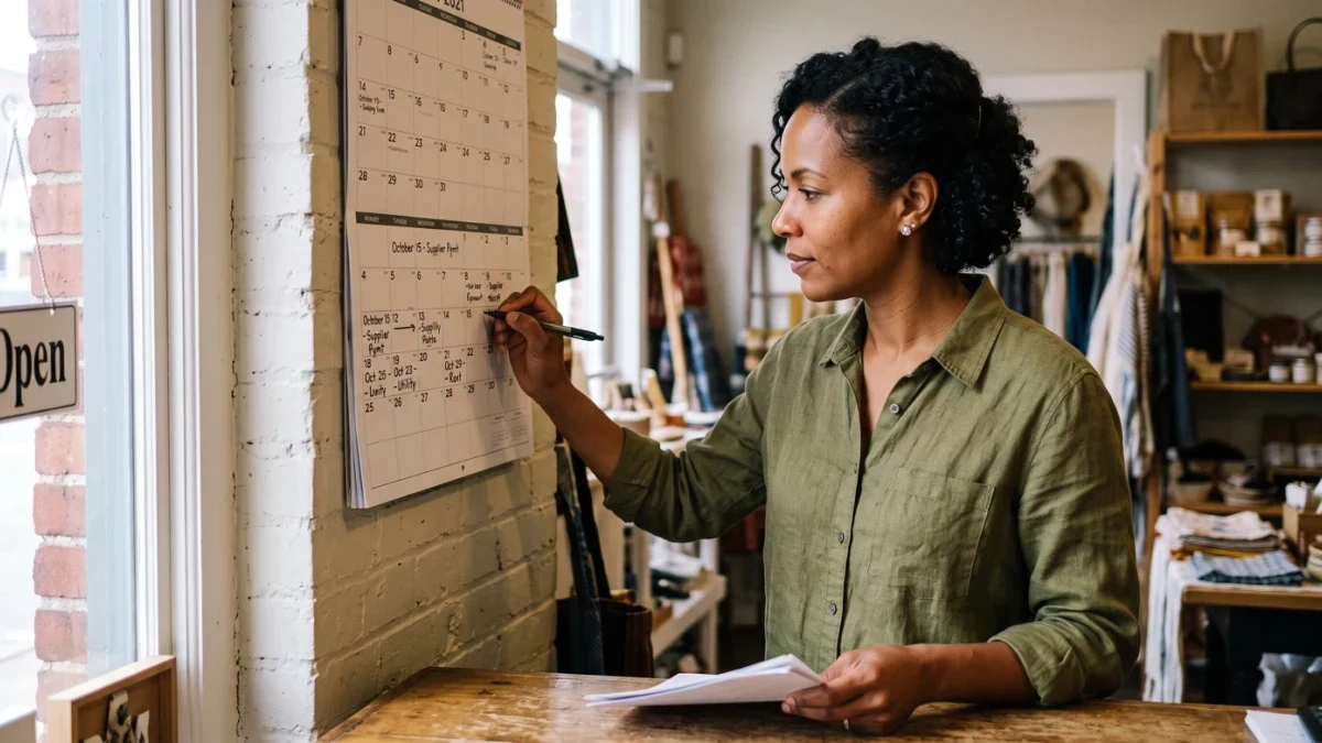 Shop owner reviewing receivables calendar at counter
