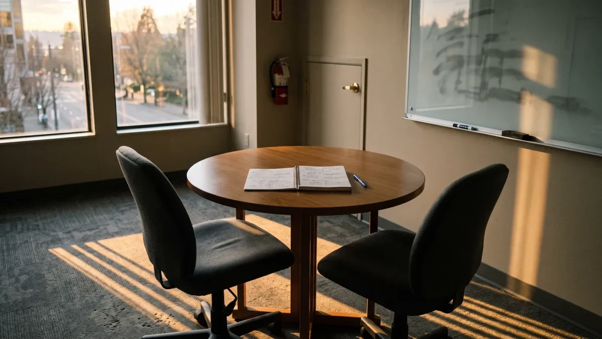 Two chairs facing each other over an open shared notebook