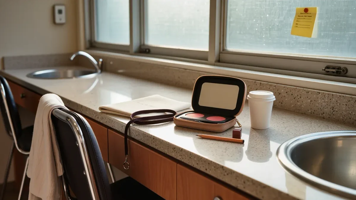 Quiet office beauty corner with a neat makeup pouch and soft pink light, no people