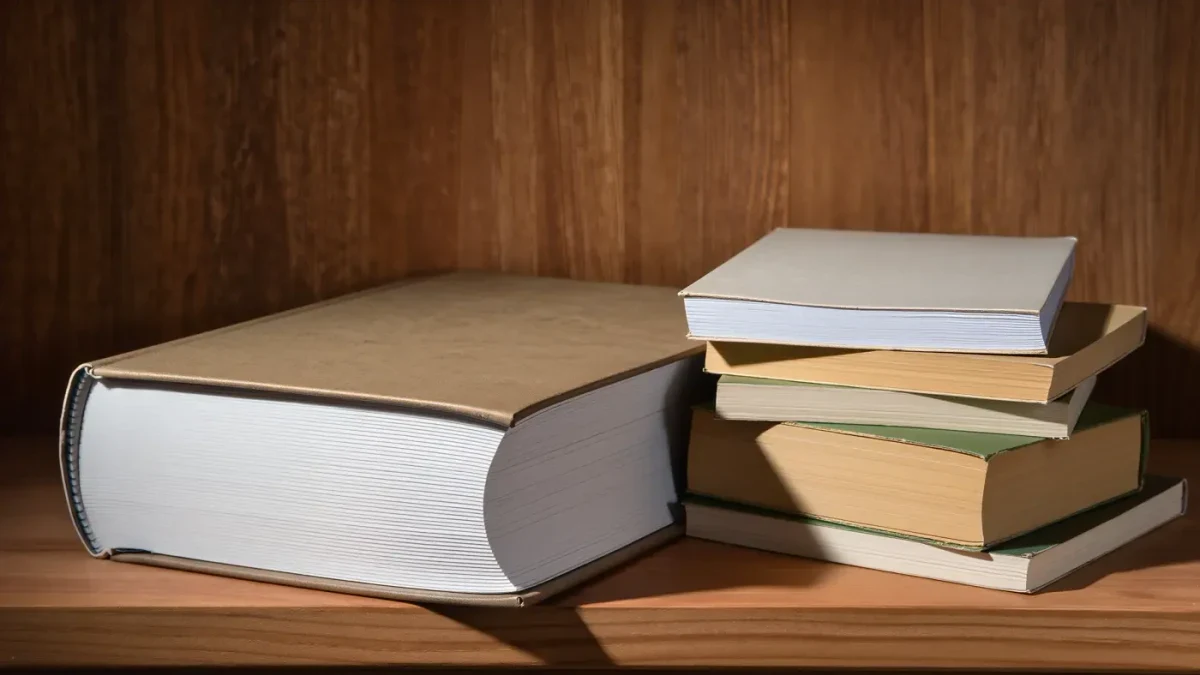 Oversized hardcover omnibus stacked beside small paperbacks on wood shelf