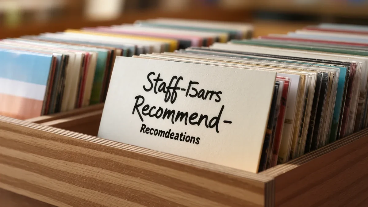 Close-up of a handwritten staff-pick card tucked into a vinyl bin divider