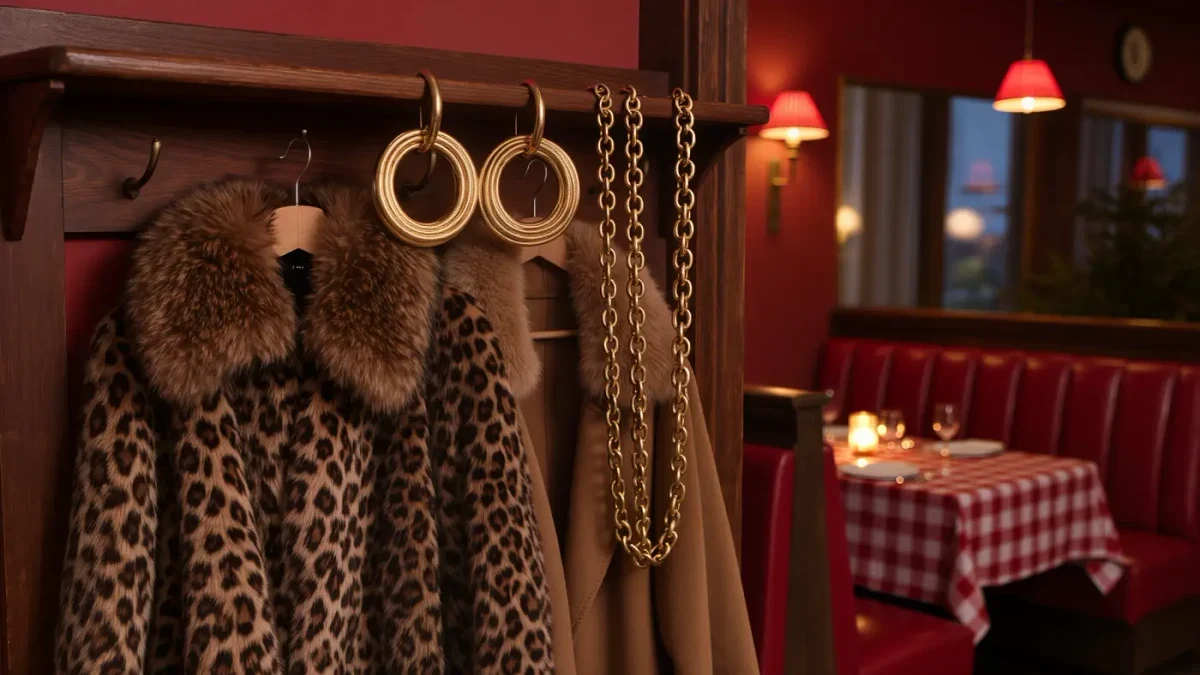 A leopard coat and gold hoops hanging on a vintage restaurant coat rack at dusk