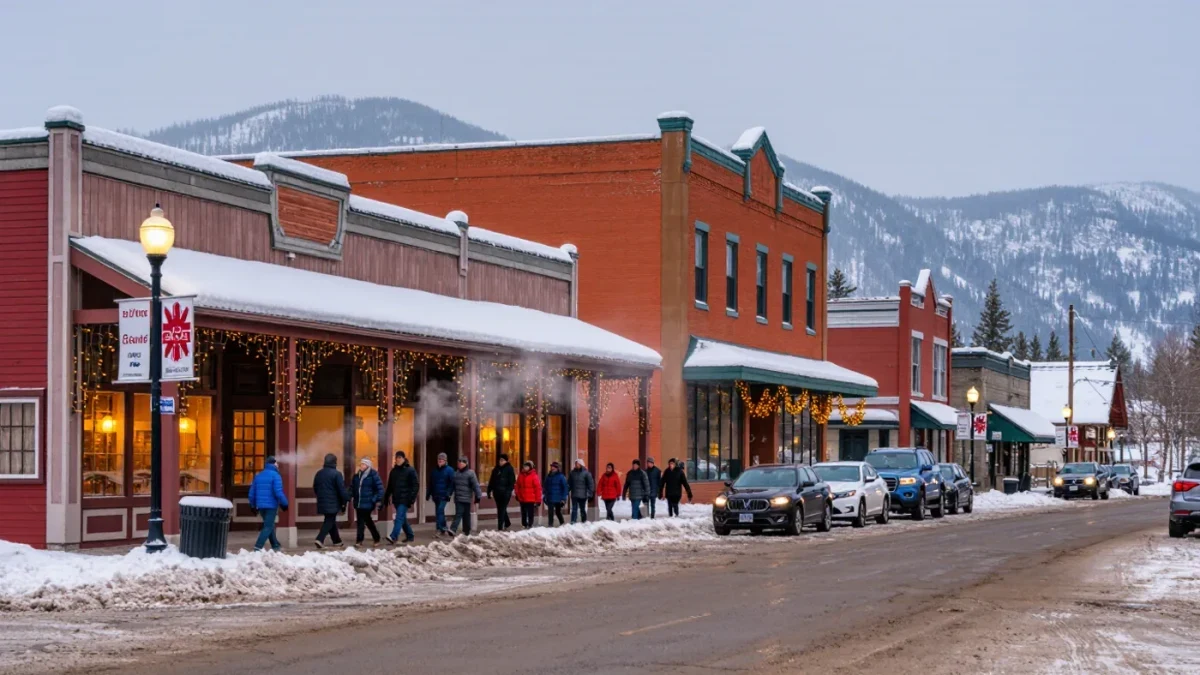 Winter-coated festivalgoers walking snow-covered Main Street