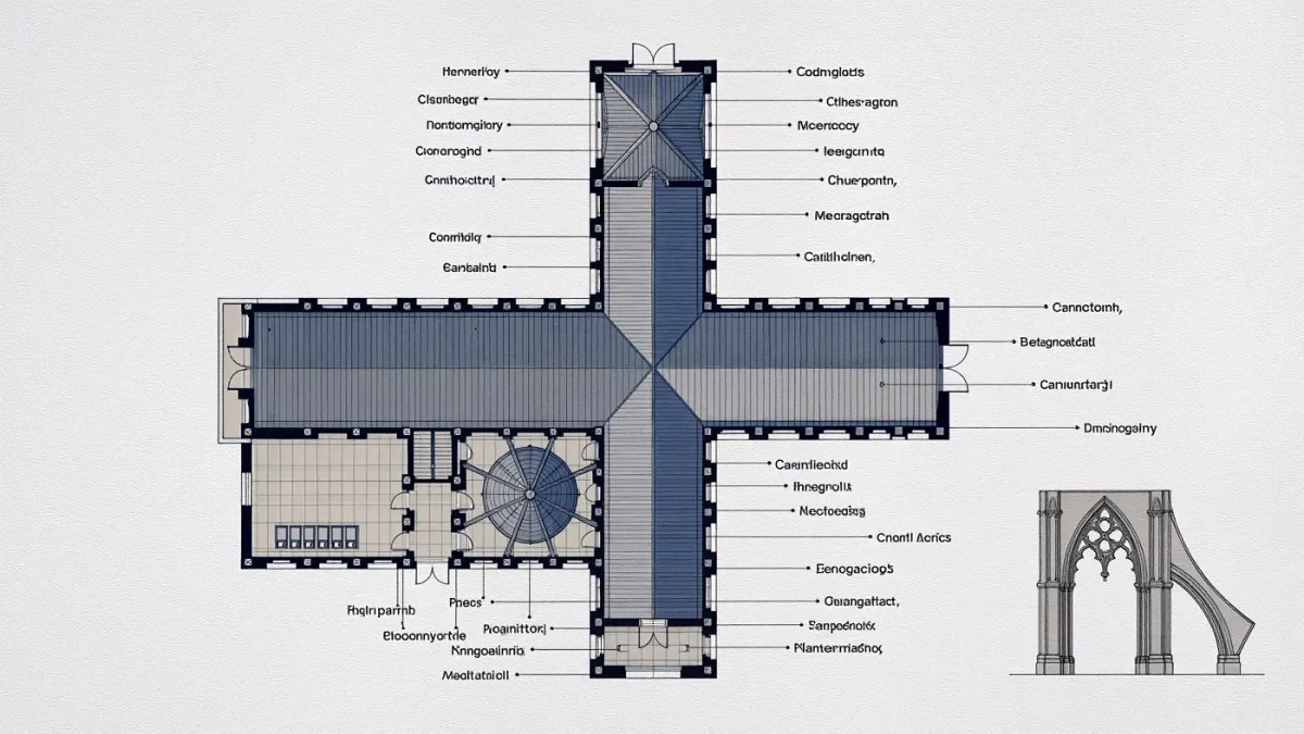 Labeled floor plan diagram of a Gothic cathedral in Latin-cross form