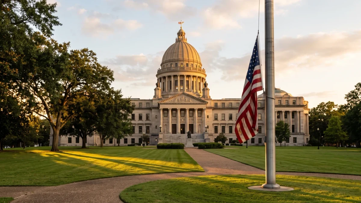Statehouse dome at golden hour with flags at half staff