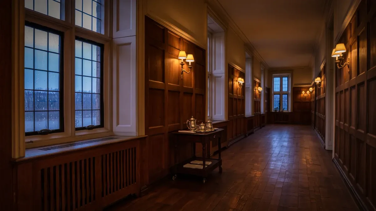 English country house corridor with silver tea trolley at dusk