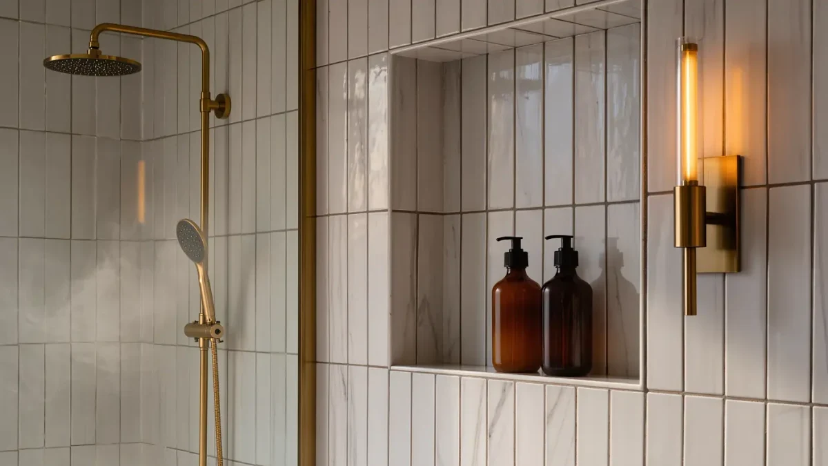 Close-up of tiled shower niche with warm sconce light