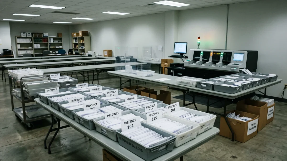 Mail ballot envelopes sorted in county election office trays