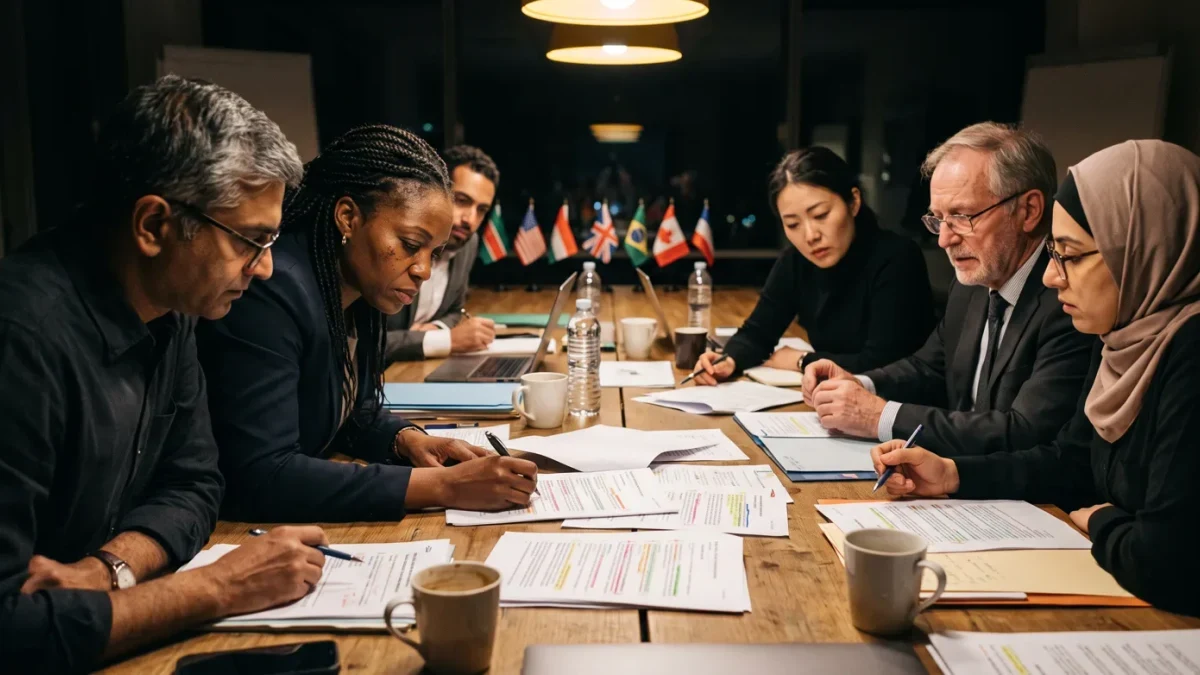 Negotiators drafting over bracketed text in a late-night sherpa session