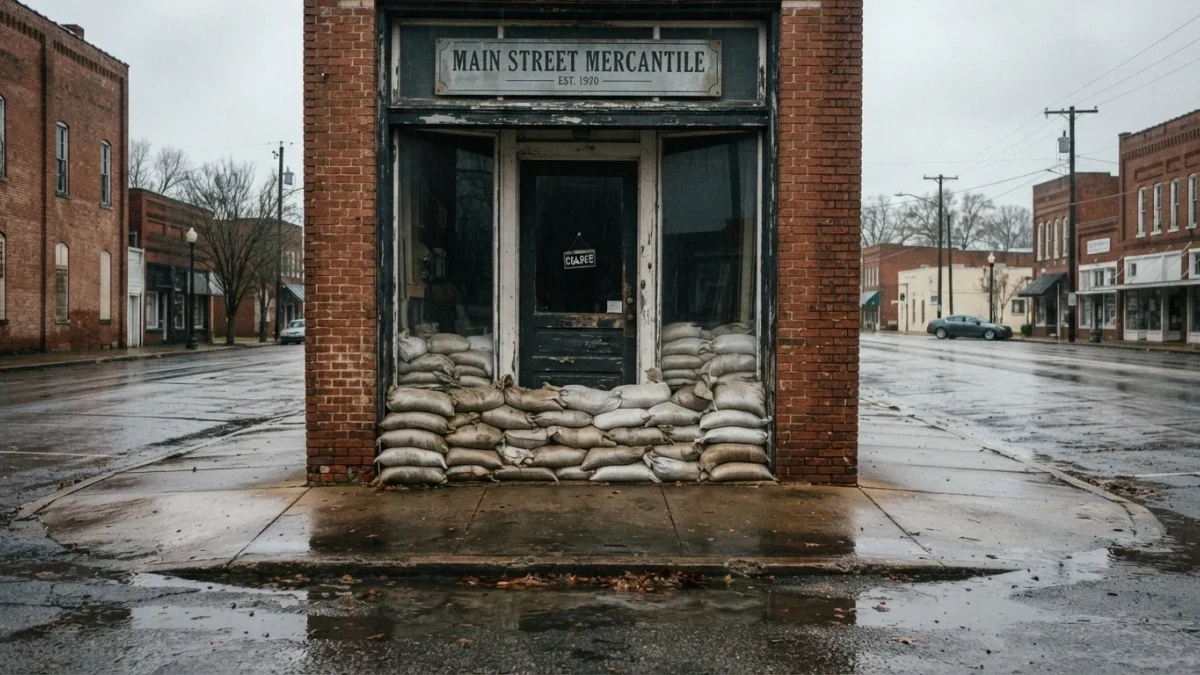 Sandbags stacked against a storefront door on a deserted street before a storm