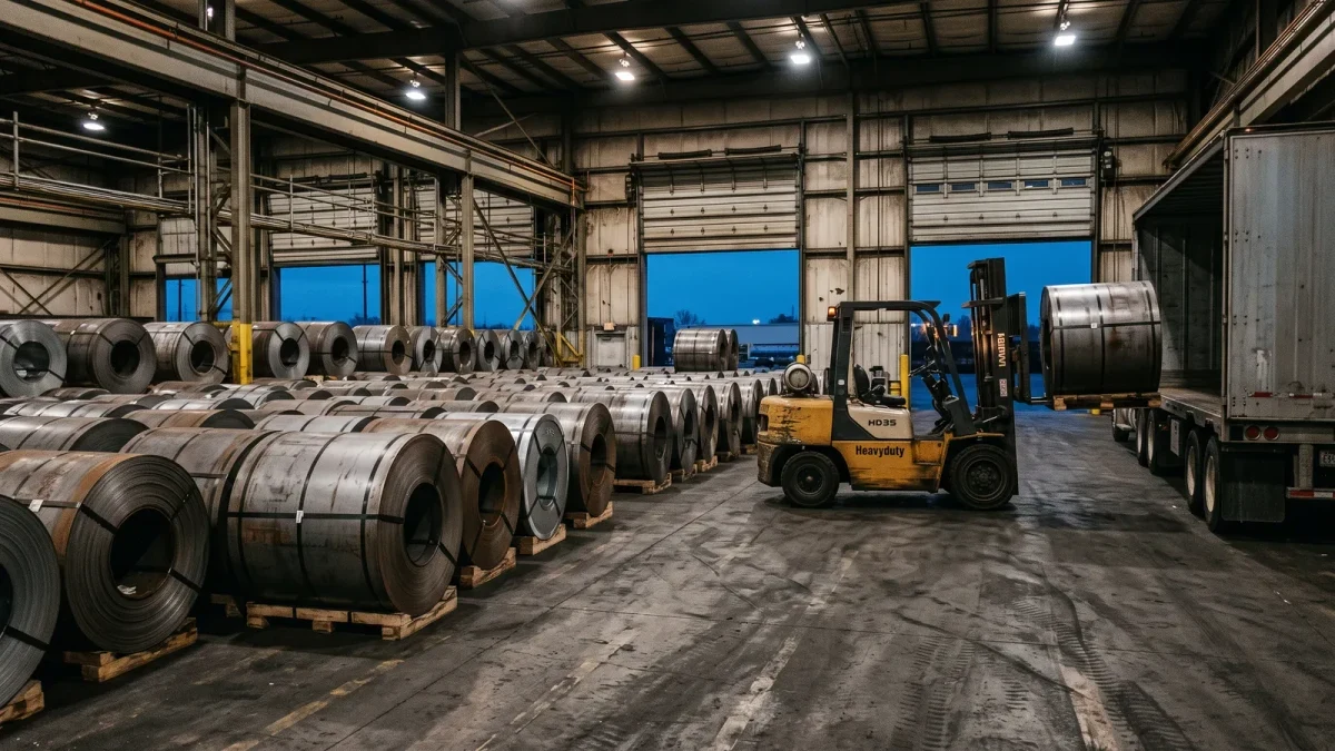 Steel coils in a warehouse beside a loading dock at dusk