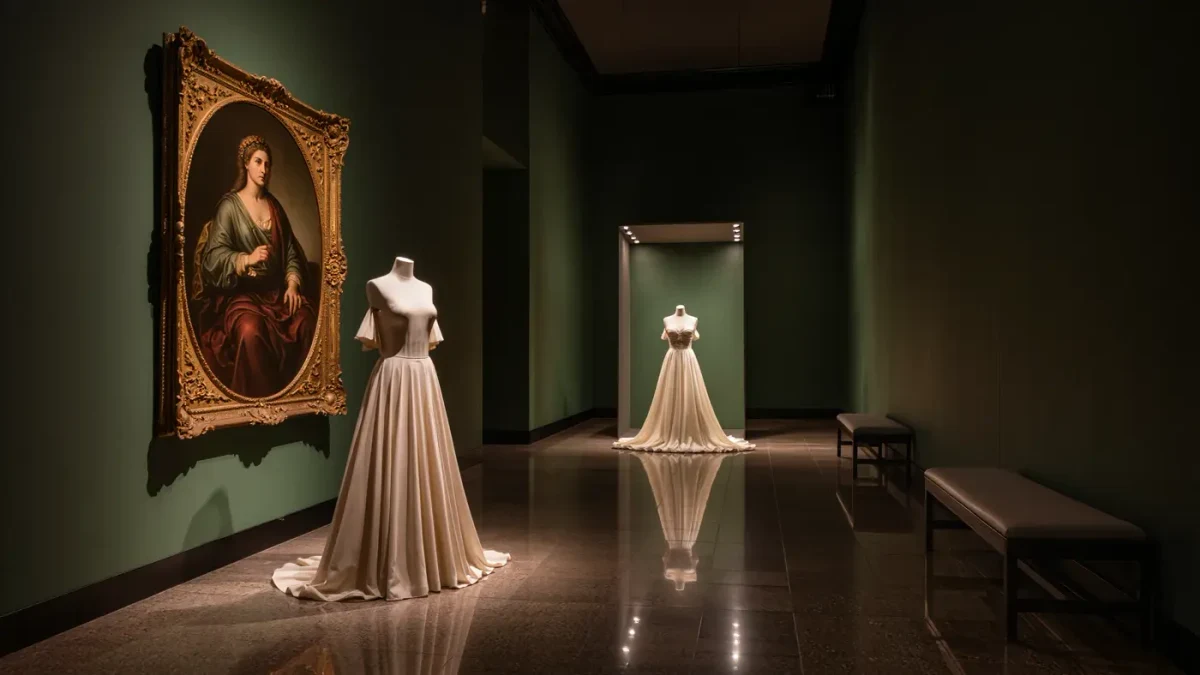 Gown displayed beside a gilt-framed portrait in a dark gallery, unattended