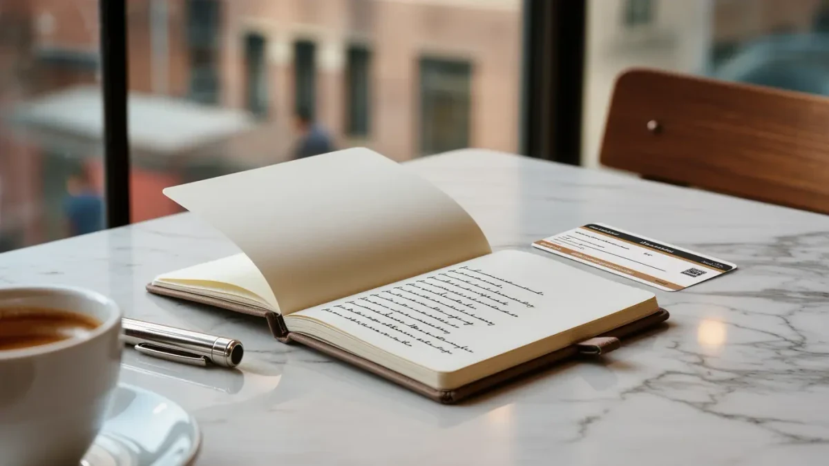 Close-up of a pocket notebook and transit card on a café table
