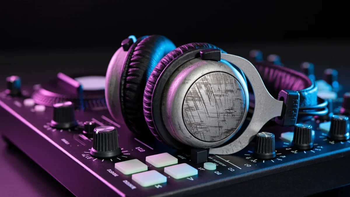 Close-up of headphones resting on a mixer during an early set