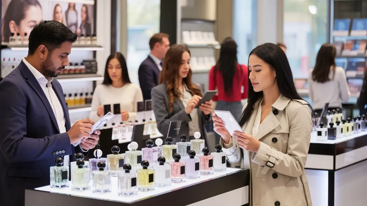 shoppers testing fragrances at a busy beauty hall counter