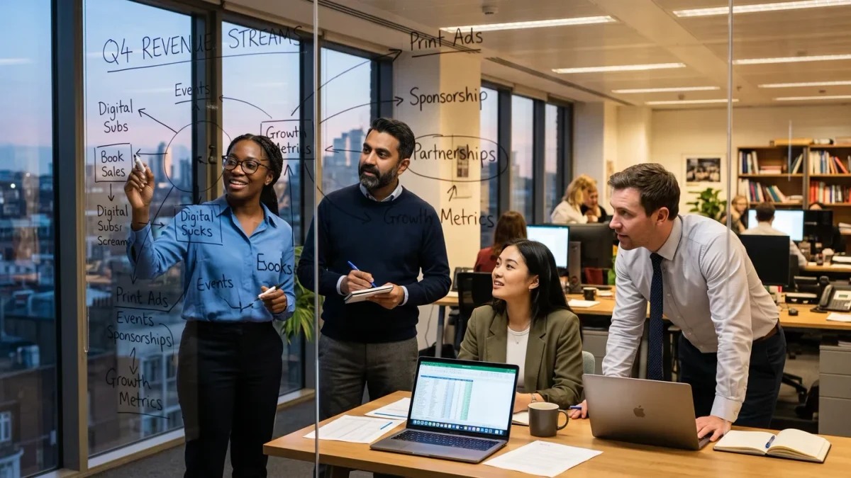 Publisher team reviewing revenue charts on a whiteboard wall