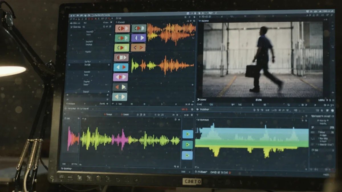 Close-up of a video editing timeline showing spliced celebrity clips