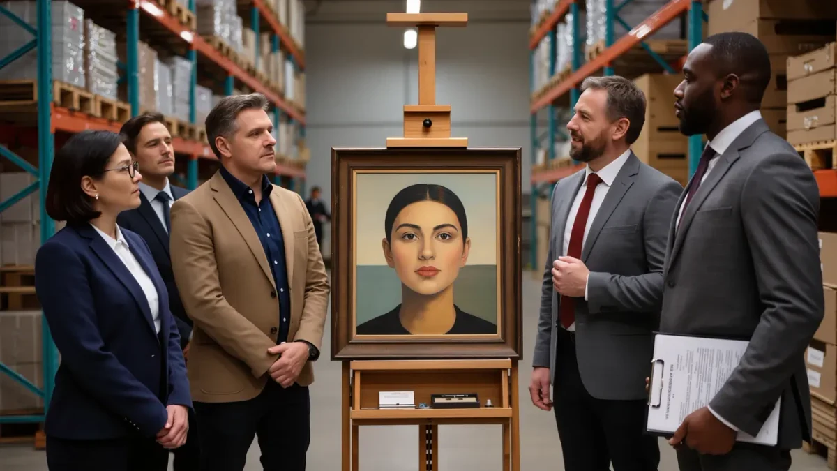 Curators and trustees examining a painting in museum storage