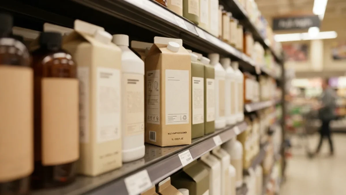Close-up of a supermarket shelf stocked with household products