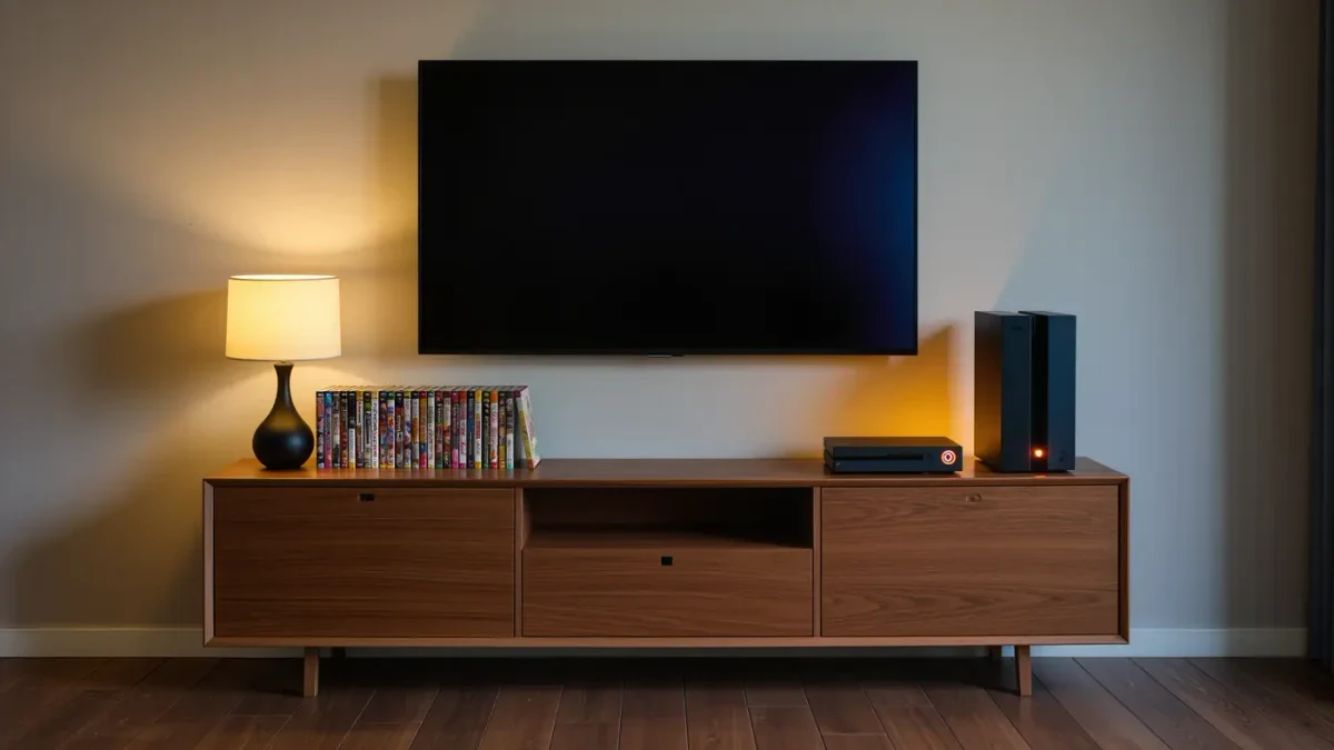 Living room shelf with game cases and a streaming console