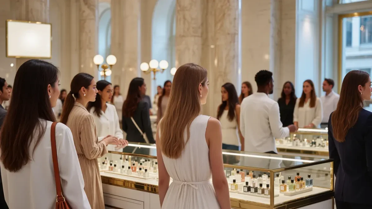 Shoppers carrying bags on a luxury department store floor under warm light