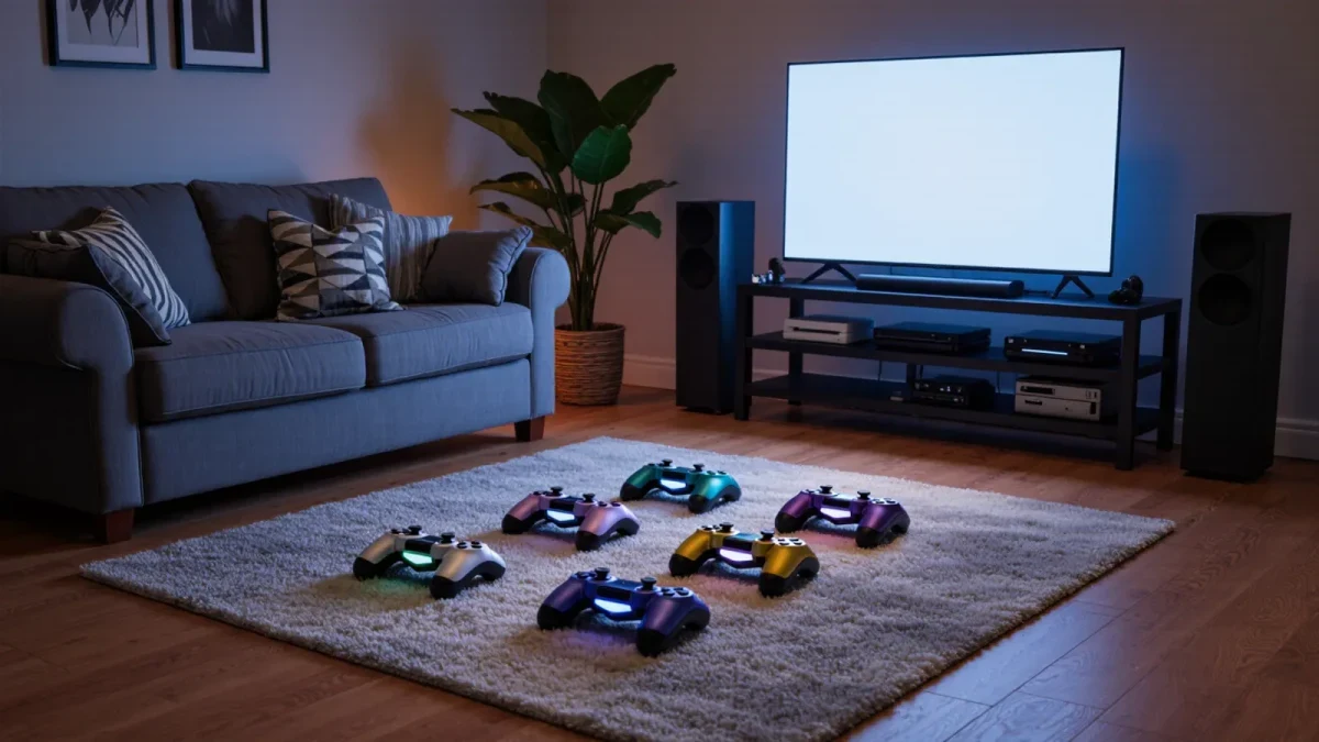 Living room gaming corner set up with four colorful controllers