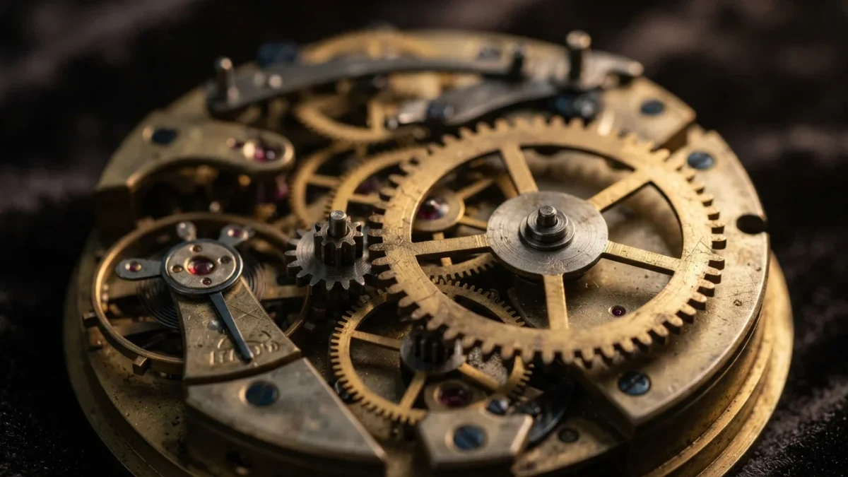 Close-up of interlocking brass clock gears caught mid-rotation