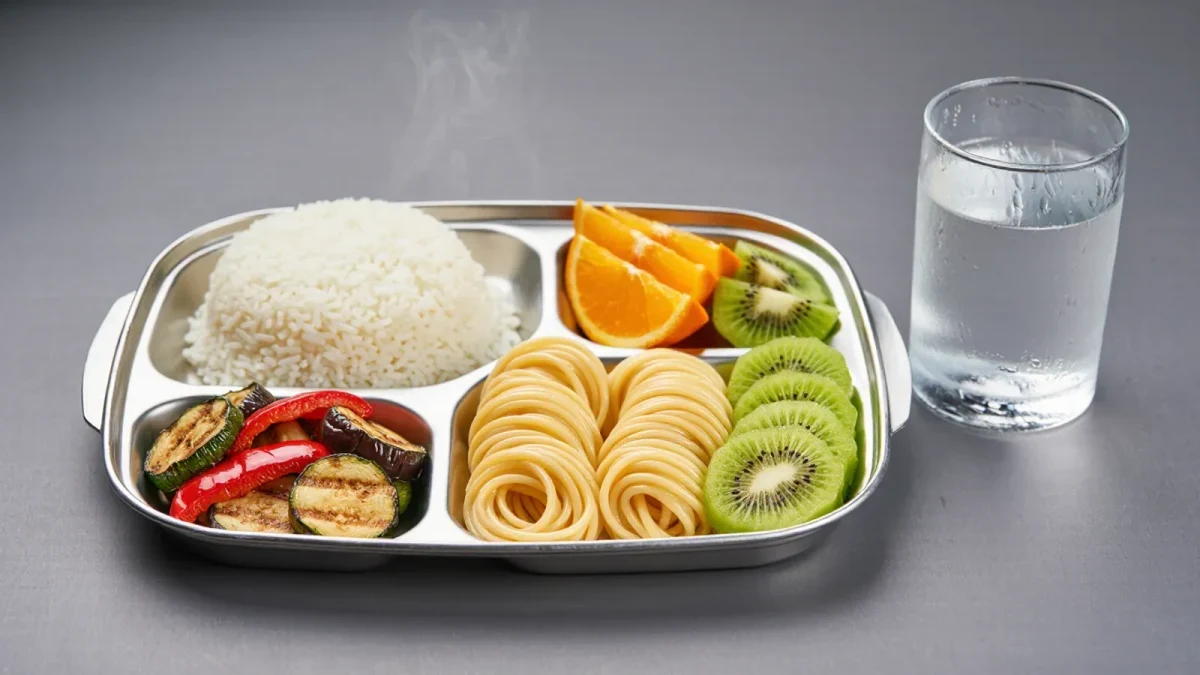 Cafeteria tray with rice pasta and vegetables close-up