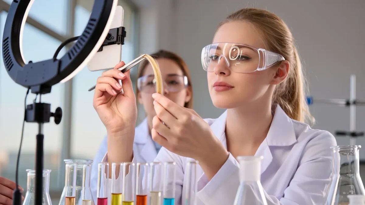 Hair scientist examining a hair sample in a bright beauty laboratory