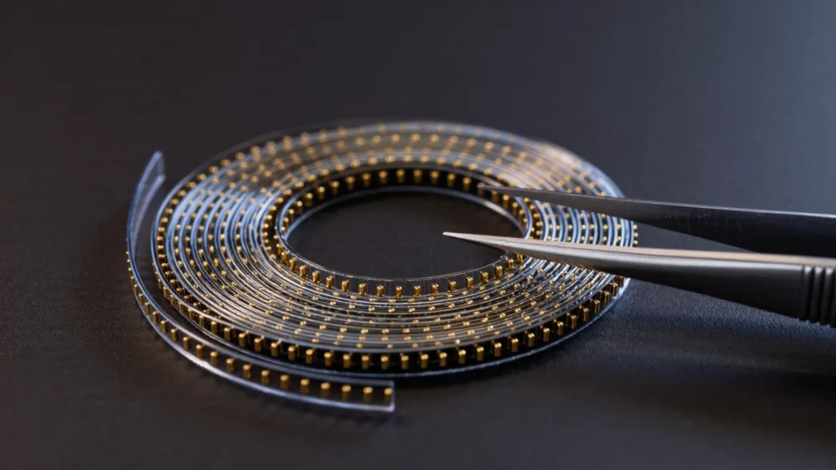 Studio close-up of a flexible electrode thread array resting on dark laboratory surface