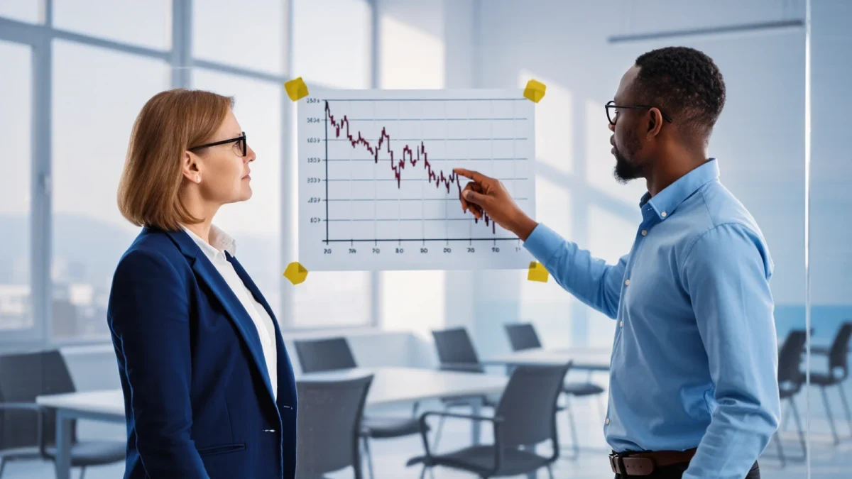 Two economists studying an inverted curve chart on paper