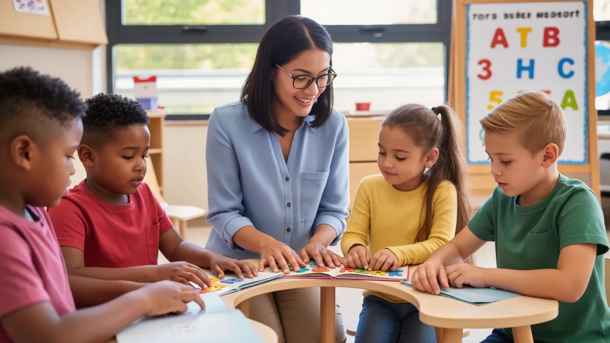 Teacher working through reading intervention with a small student group