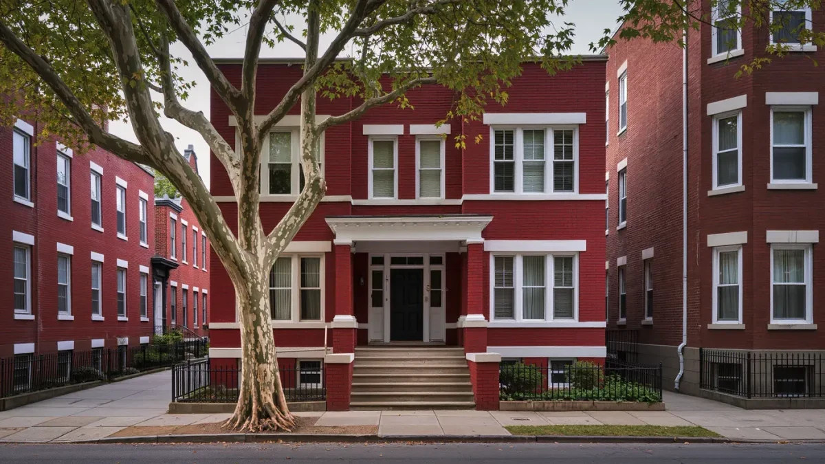 Brick two-flat apartment building on a quiet Midwest street