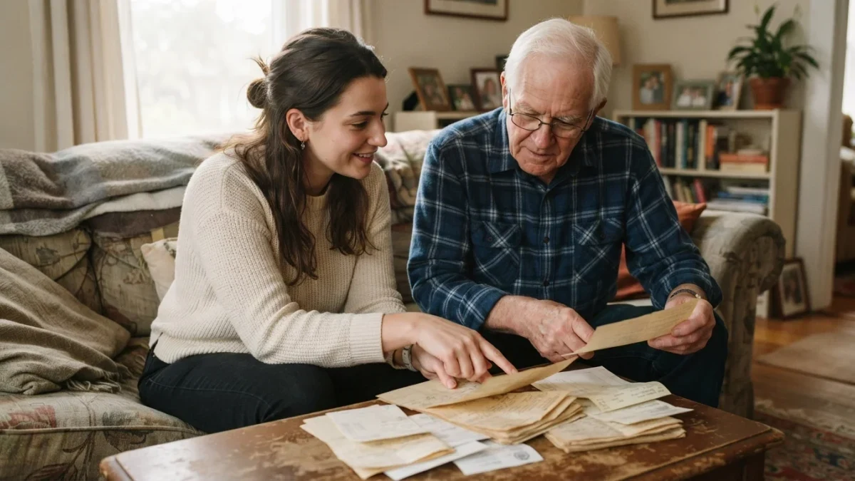Documentary photo of a young investor reviewing statements with a grandparent