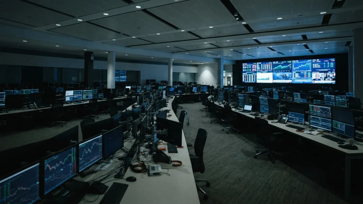 Empty trading floor with rows of market data screens