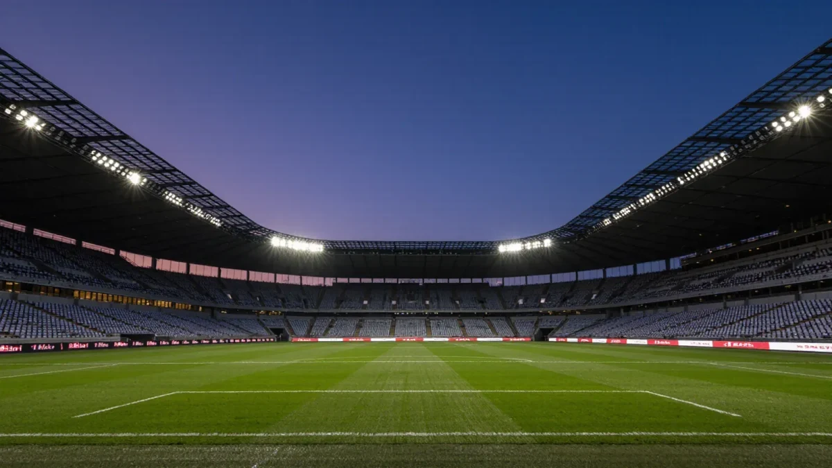 Empty stadium bowl at dusk before a major soccer match