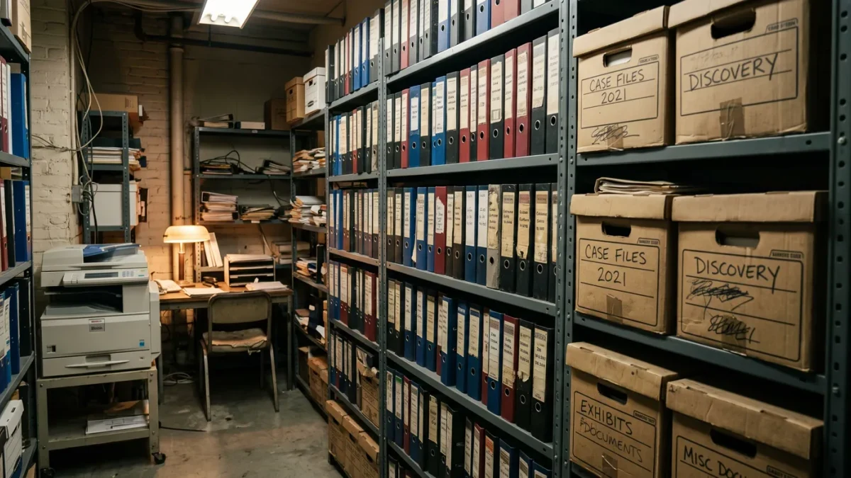 Stacks of evidence binders on shelves in a law office workroom