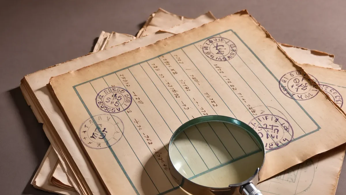 Detail of vintage auction catalogue pages with stamps