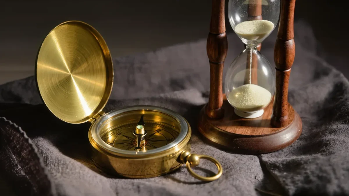 Weathered compass and hourglass on dark cloth in close-up