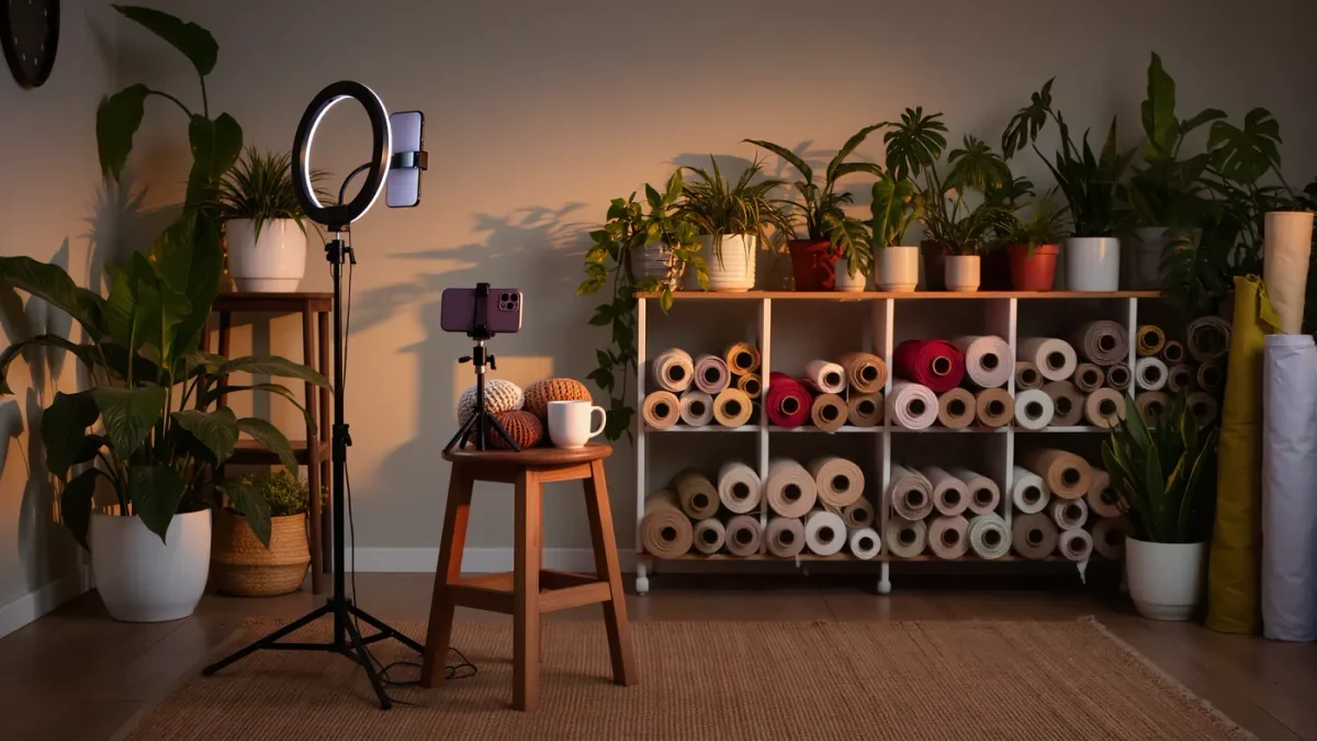 Home studio corner with ring light and phone tripod, no people