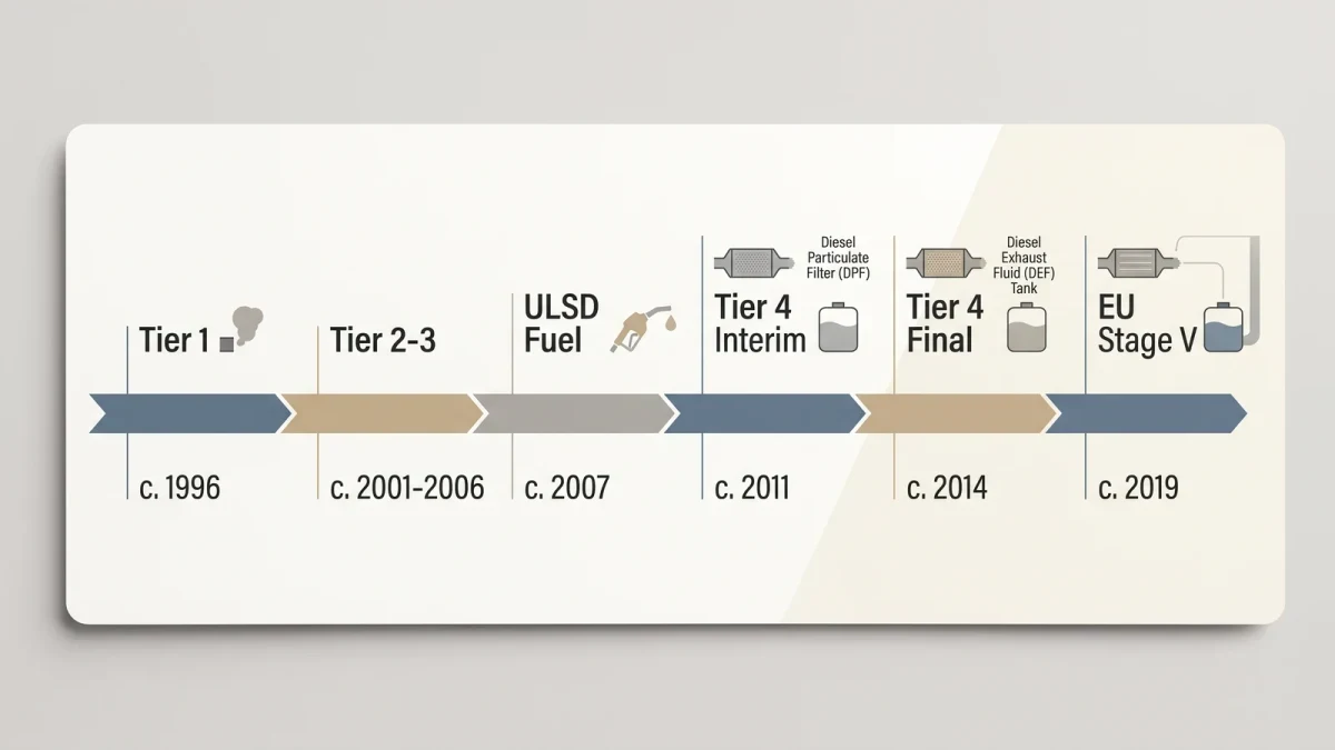 Timeline infographic of tractor emissions standards 1996 to 2019