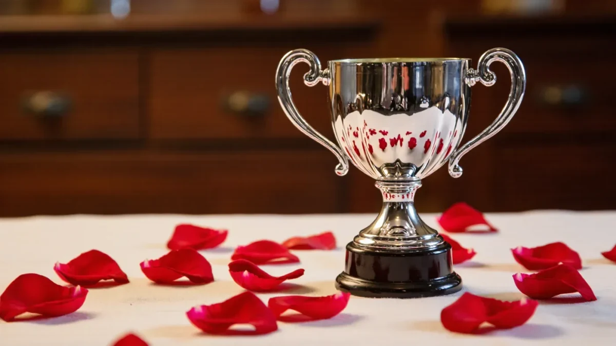 Silver Derby trophy beside red rose petals on a clubhouse table