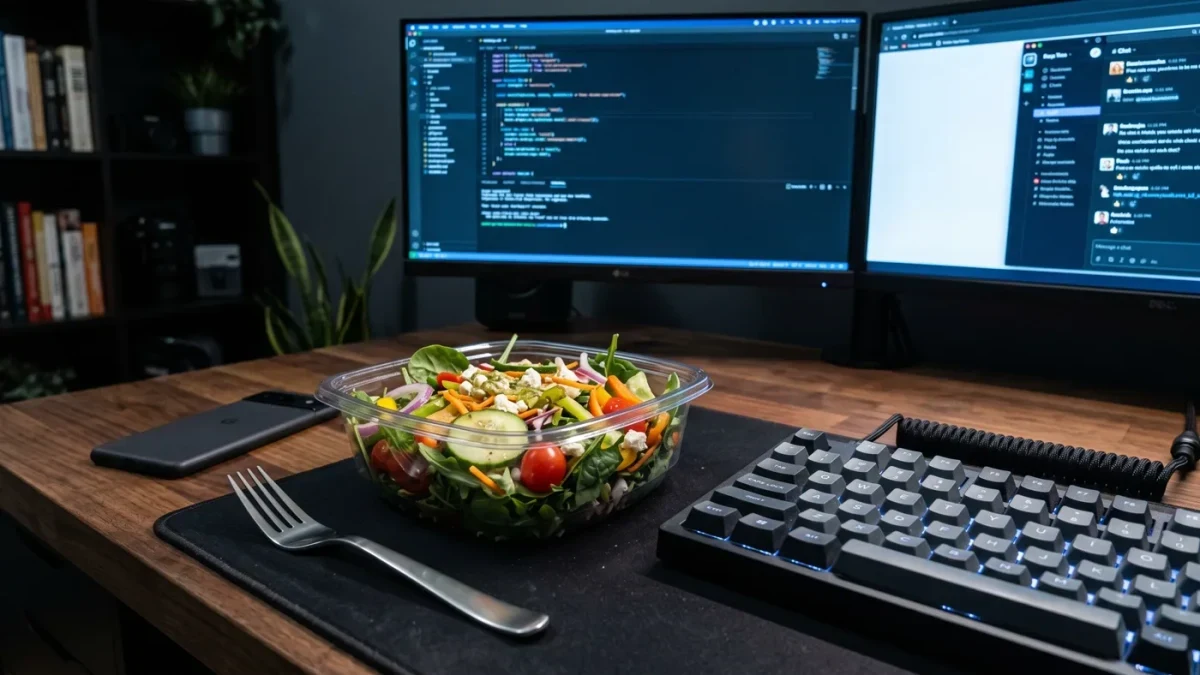 Employee eating a salad at a desk beside two monitors